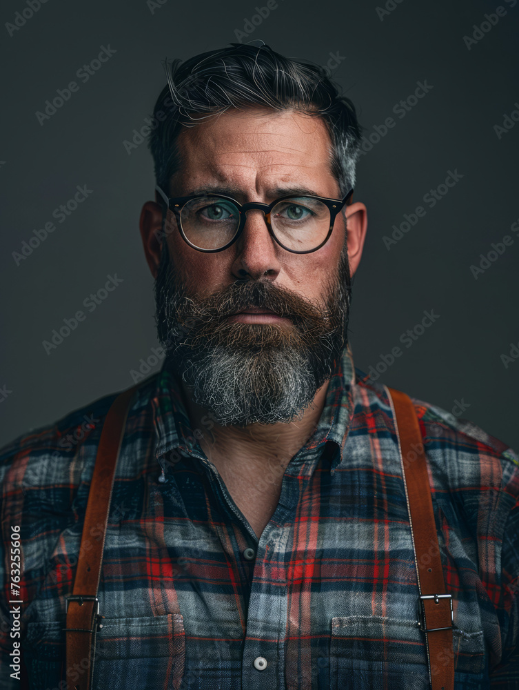 Obraz premium Hipster man with a well-groomed beard and suspenders exudes a vintage vibe in front of a dark background