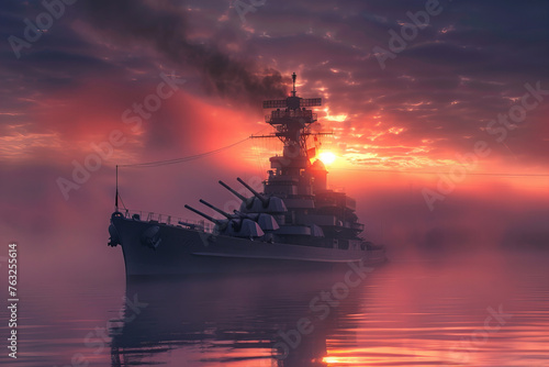 Majestic Warship at Dawn: Reflections of Power in a Misty Sunrise Banner © Алинка Пад