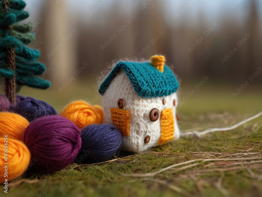 A small toy house knitted from yarn with your own hands.
