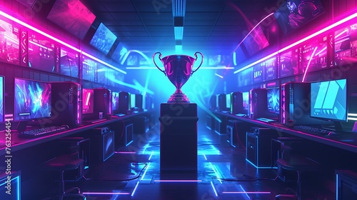 an AI-generated illustration capturing the essence of an esports victory  showcasing the winner s trophy on a stage 