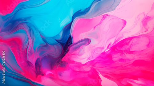 In this close-up view, the vibrant colors of a liquid painting swirl and blend together, creating a visually striking and dynamic composition. The various hues and textures. Banner. Copy space