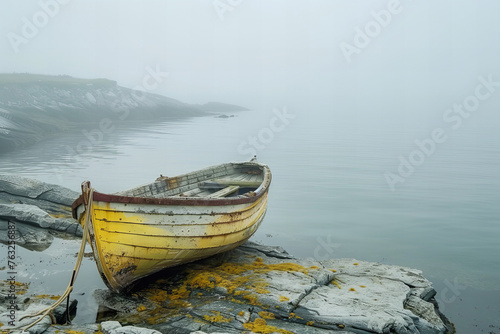 Serene Coastal Mists Enveloping A Lonely Yellow Boat Banner