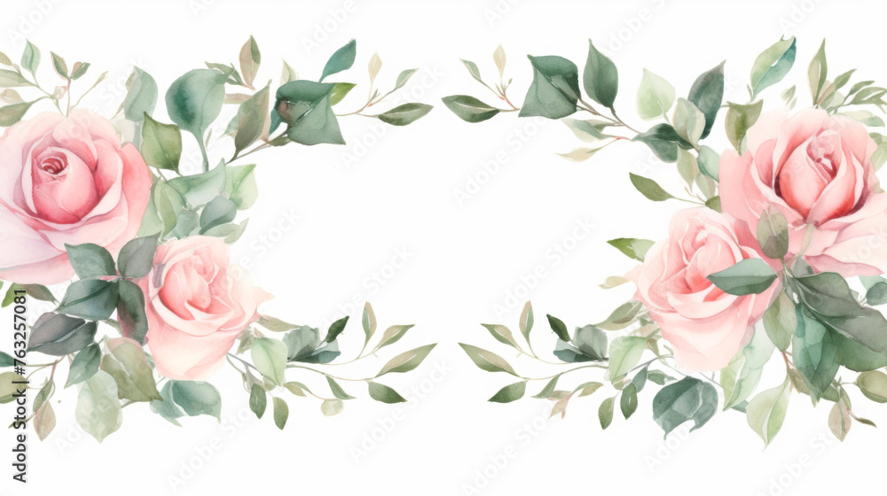 Two blooming pink roses with vibrant green leaves are elegantly displayed against a clean white background. The delicate petals and intricate foliage create a striking contrast. Banner. Copy space