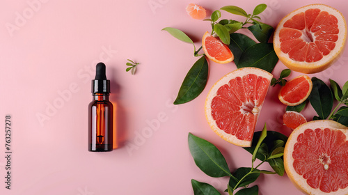 Flat lay composition with grapefruit essential oil on pink background. Space for text photo