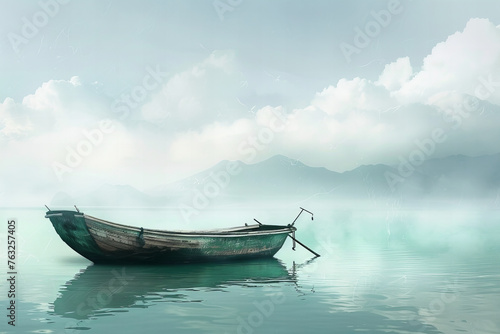 Solitary Wooden Boat on Serene Lake Misty Morning Banner