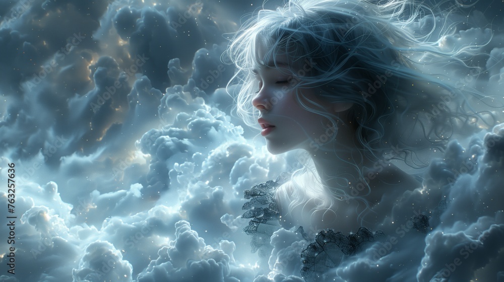 Image of a girl that floats in the center of the universe, exuding a divine and majestic aura. The scene radiates an otherworldly beauty Image of a girl that floats in the center of the universe, exuding a divine and majestic aura. The scene radiates an otherworldly beauty