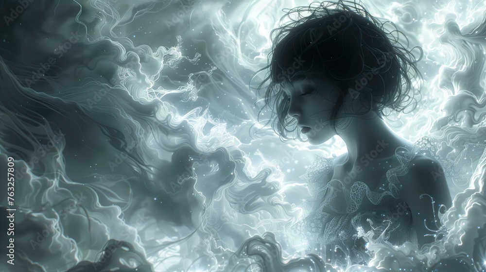 Image of a girl that floats in the center of the universe, exuding a divine and majestic aura. The scene radiates an otherworldly beauty