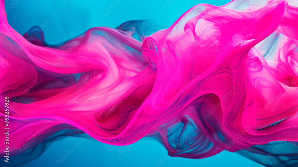 A detailed view of a swirling mixture of pink and blue liquids in a close-up shot. The colors merge together creating a mesmerizing pattern of movement. Abstract background. Banner. Copy space