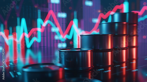 Oil price increase concept Oil barrels on growth chart background. Investment market and trading arrow going up. Generative Ai