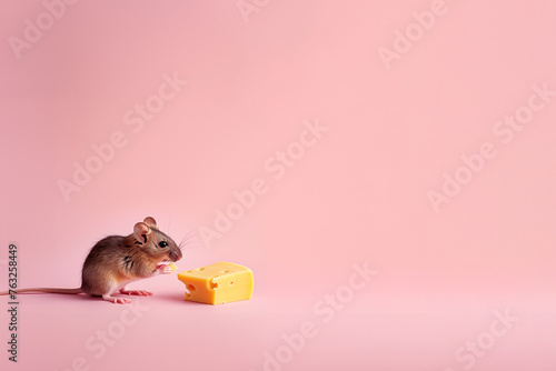 petite souris grise mangeant un morceau d'emmental jaune à trou sur un fond rose avec espace négatif copy space. Piège pour rongeur et animal nuisible.  photo