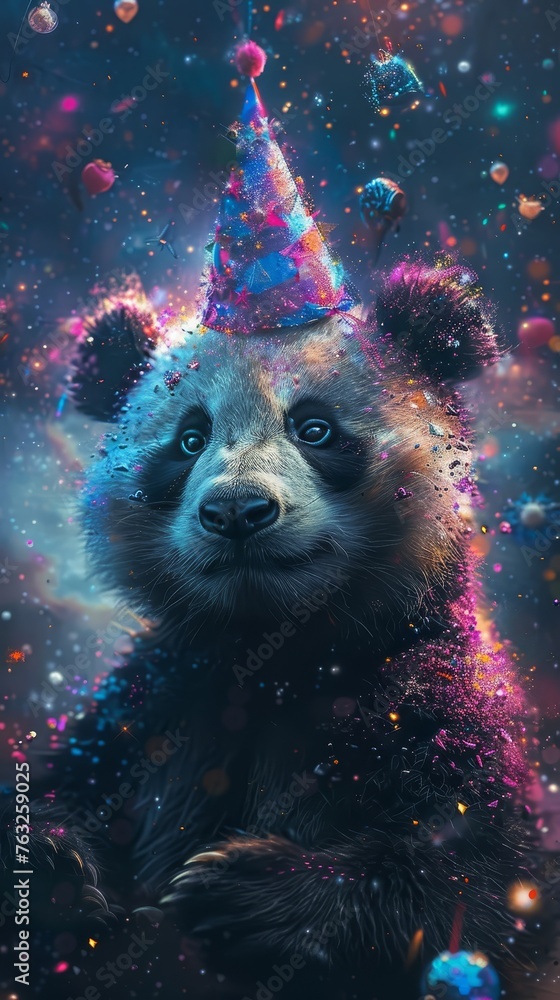 Birthday panda with a party hat  Serene oceanic blues  Cyberpunk futurism Serene oasis Celestial inspirations ,