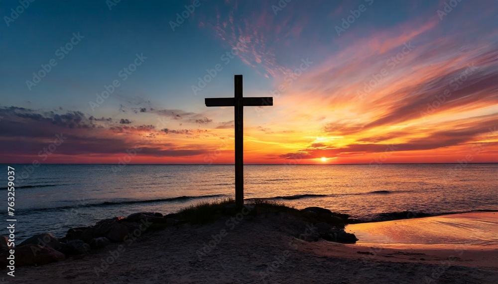 Wooden Cross against Sunset by the Sea Wooden Cross against Sunset by the Sea