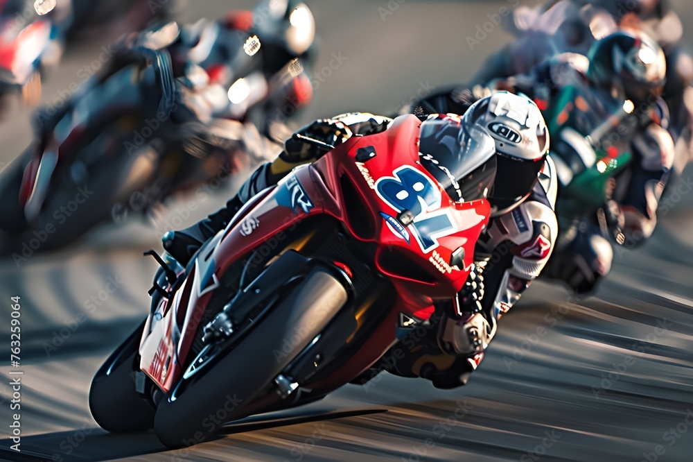 Dynamic Motorcycle Race: A high-speed shot of motorcycle racers leaning into a turn, conveying the thrill and intensity of the race.

