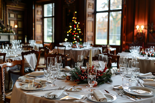 Tables set for a festive dinner - Interior of a manor house