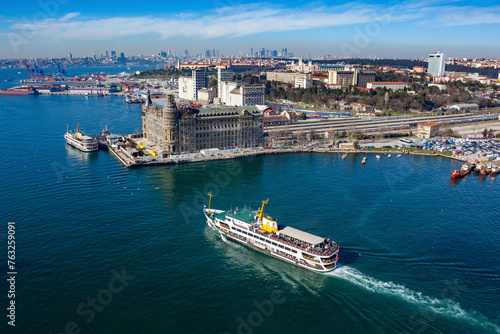 Aerial view of ferry boat and Haydarpasa train station, Istanbul, Turkey. photo