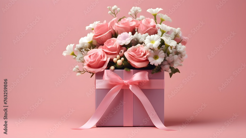 Festive pink box with a bouquet of flowers on a pink background. Concept for birthday and mother's day