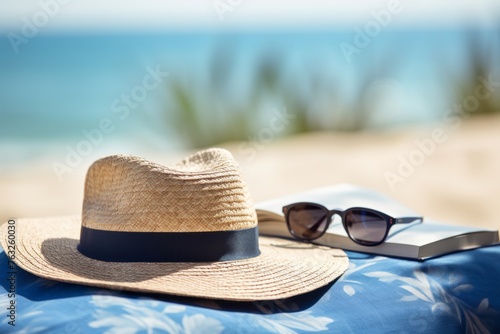 Straw hat, sunglasses and book on the beach. Vacation concept
