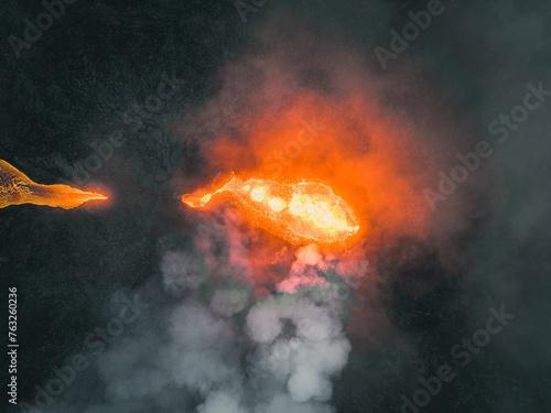 Aerial view of a lava explosion and the fog in Iceland. photo