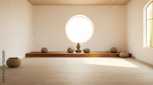 A room with a large round window and a wooden floor. The room is empty and has a minimalist feel