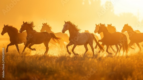 A herd of wild horses runs through a field at sunset  their silhouettes against the golden sky.