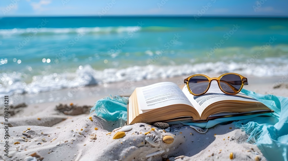 A serene beach scene with a book sunglasses and a blanket on a sunny day. Concept Beach Day Photo shoot, Book and Sunglasses, Sunny Beach Scene, Serene Coastal Vibes, Blanket and Relaxation A serene beach scene with a book sunglasses and a blanket on a sunny day. Concept Beach Day Photo shoot, Book and Sunglasses, Sunny Beach Scene, Serene Coastal Vibes, Blanket and Relaxation