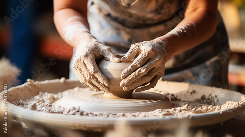 Artisan's Hands Molding Clay on a Potter's Wheel photo