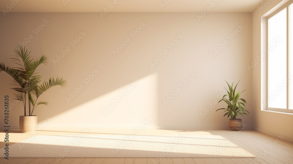 A large empty room with a potted plant and a window. The room is very clean and bright, with a lot of natural light coming in through the window. The potted plant adds a touch of greenery to the space A large empty room with a potted plant and a window. The room is very clean and bright, with a lot of natural light coming in through the window. The potted plant adds a touch of greenery to the space