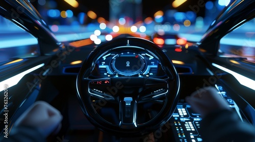 Cockpit of self-driving car with a digital speedometer and a Head Up Display (HUD).