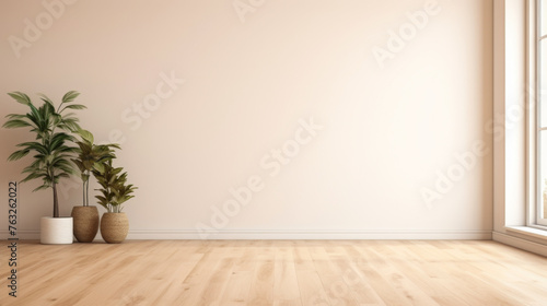 A large empty room with a white wall and a window. There are two potted plants in the room, one on the left and one on the right