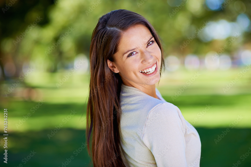 Woman, smile and portrait in outdoor or garden for fashion, style and trend for aesthetic in city. Young person and happy for joy and attractive in sunshine for break or trip for walk with clothes Woman, smile and portrait in outdoor or garden for fashion, style and trend for aesthetic in city. Young person and happy for joy and attractive in sunshine for break or trip for walk with clothes