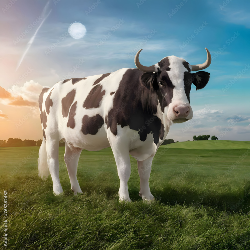 cow on the background of sky and green grass.