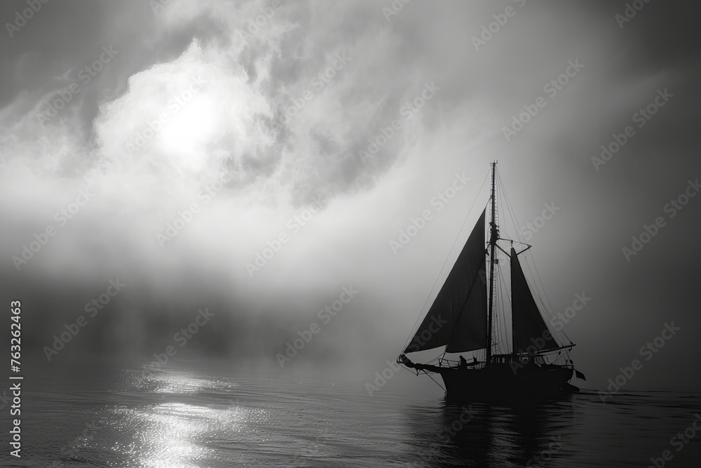 Majestic Sailing Vessel Glides Through Misty Waters: A Mystic Banner