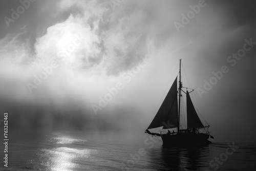 Majestic Sailing Vessel Glides Through Misty Waters: A Mystic Banner