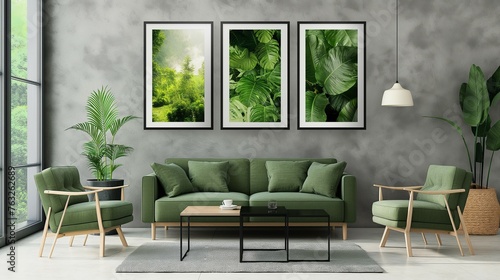 Mockup frame  modern living room home  nature-friendly interior  3d render