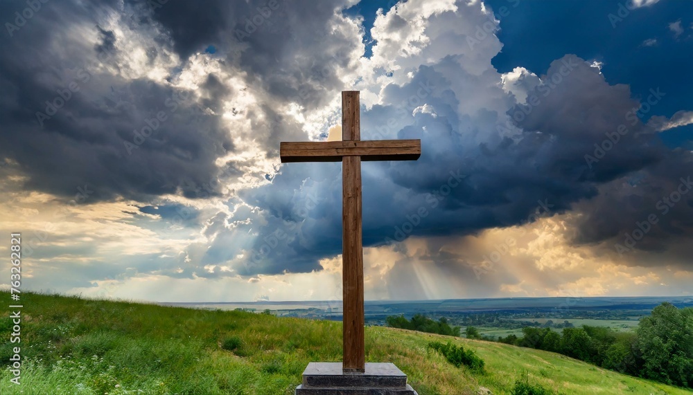 Wooden Cross Against Dramatic Sky with Thunderclouds Wooden Cross Against Dramatic Sky with Thunderclouds