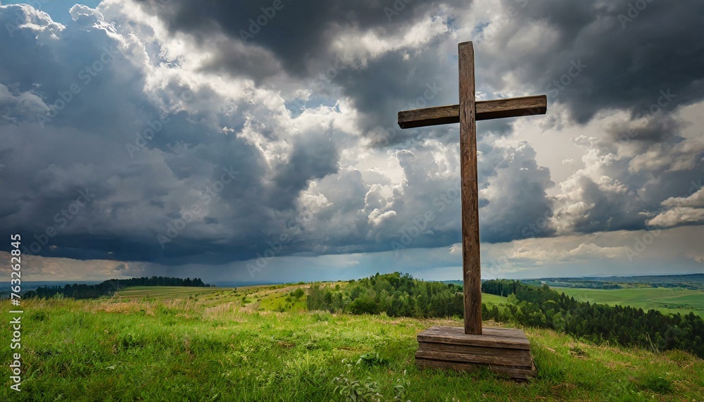 Wooden Cross Against Dramatic Sky with Thunderclouds Wooden Cross Against Dramatic Sky with Thunderclouds