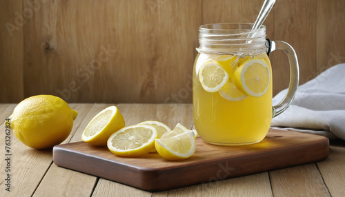 Ginger infusion with honey and lemon on a wooden board, pieces of ginger and lemons