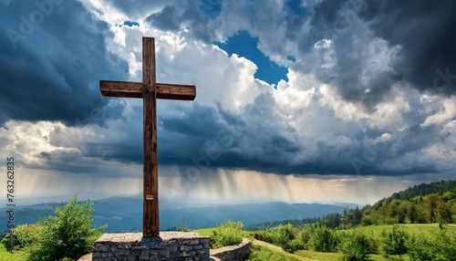 Wooden Cross Against Dramatic Sky with Thunderclouds