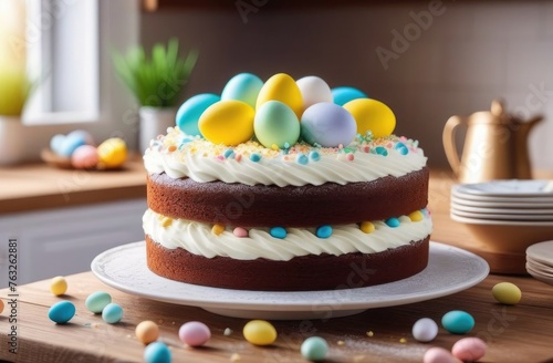 Cake decorated with Easter eggs on table against background of kitchen.