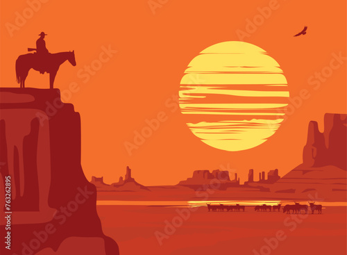 Western landscape with wild American prairies and silhouette of a cowboy riding a horse on top of a cliff at the orange sunset and buffalo herd. Decorative vintage vector illustration, Wild West