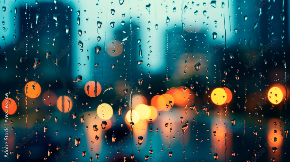 Rain drops are seen on a window, with city lights glowing in the background. The drops reflect the vibrant colors of the city at night, creating a mesmerizing scene of urban. Banner. Copy space