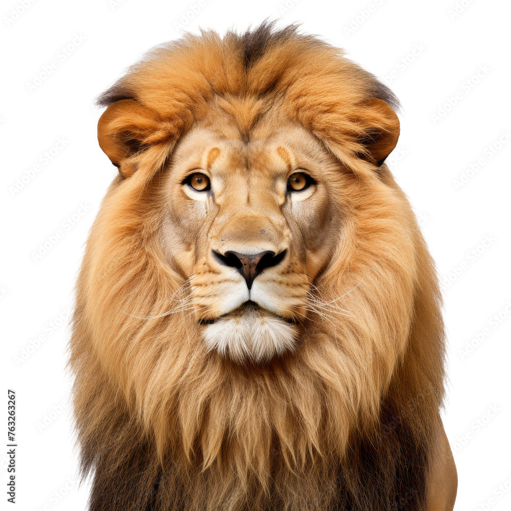 Portrait of a majestic eight-year-old lion with a magnificent mane, isolated on a white background