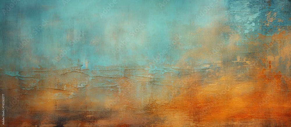 An abstract painting featuring tints and shades of electric blue and peach set against a brown wood frame. The blurred image shows a horizon, grass pattern, and hints of an event