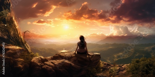 A woman sitting on the top of a mountain and looking at the sunset photo