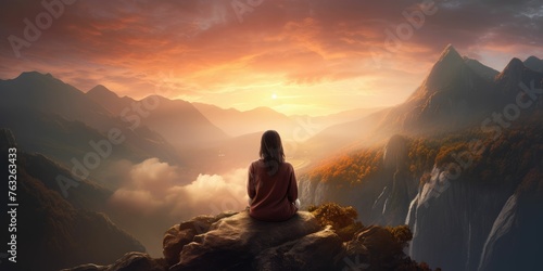 A woman sitting on the top of a mountain and looking at the sunset photo