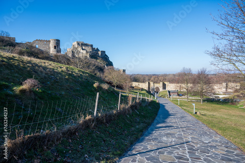 Stone path on the lawn near Devín Castle in Bratislava.