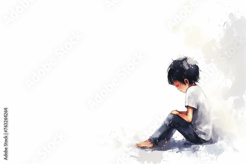 Children's cartoon drawings Sitting thinking about something, with white background There is space for entering text.