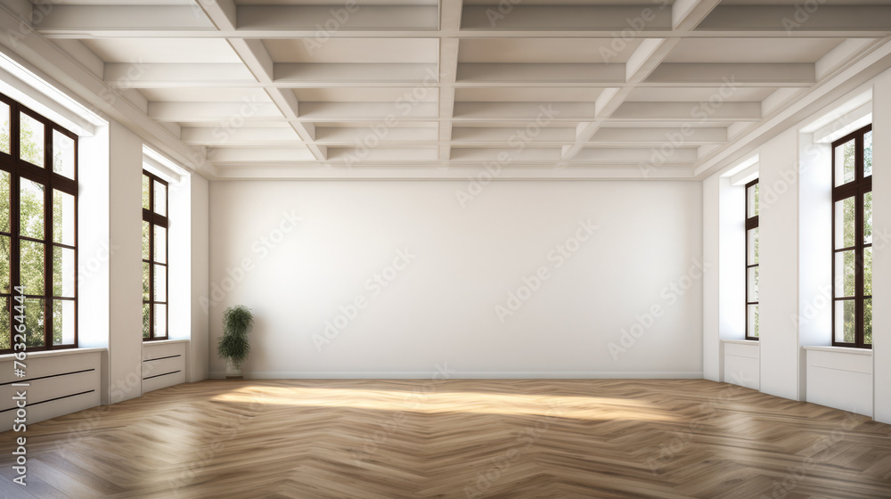 Fototapeta premium A large, empty room with a window and a potted plant. The room is very spacious and has a clean, minimalist feel