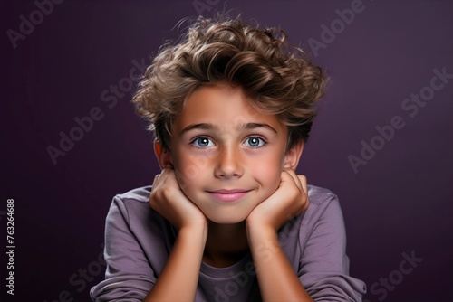 Portrait of a smiling young handsome boy model with curly hair, posing with his hand on face. Isolated on purple background, with copy space.