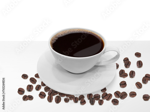 Cup of and coffee beans on ta ble, transparent background